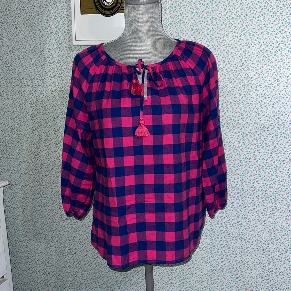 Vineyard Vines Women's Pink Blue Boho Gingham Keyhole Top Size XS